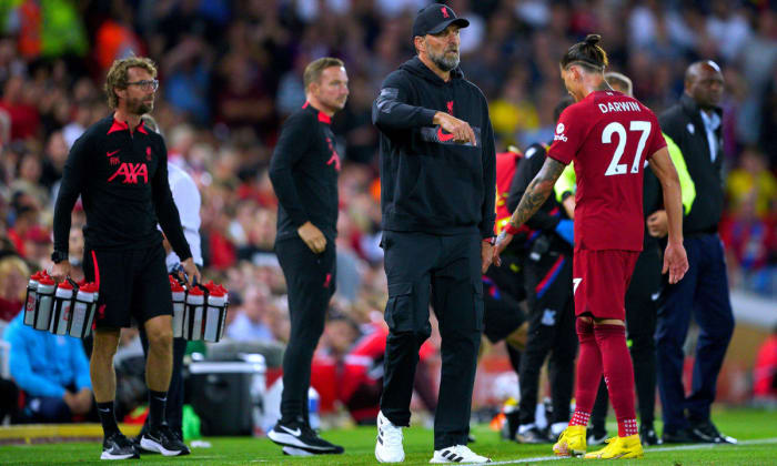 Darwin Nunez walks off after being red carded